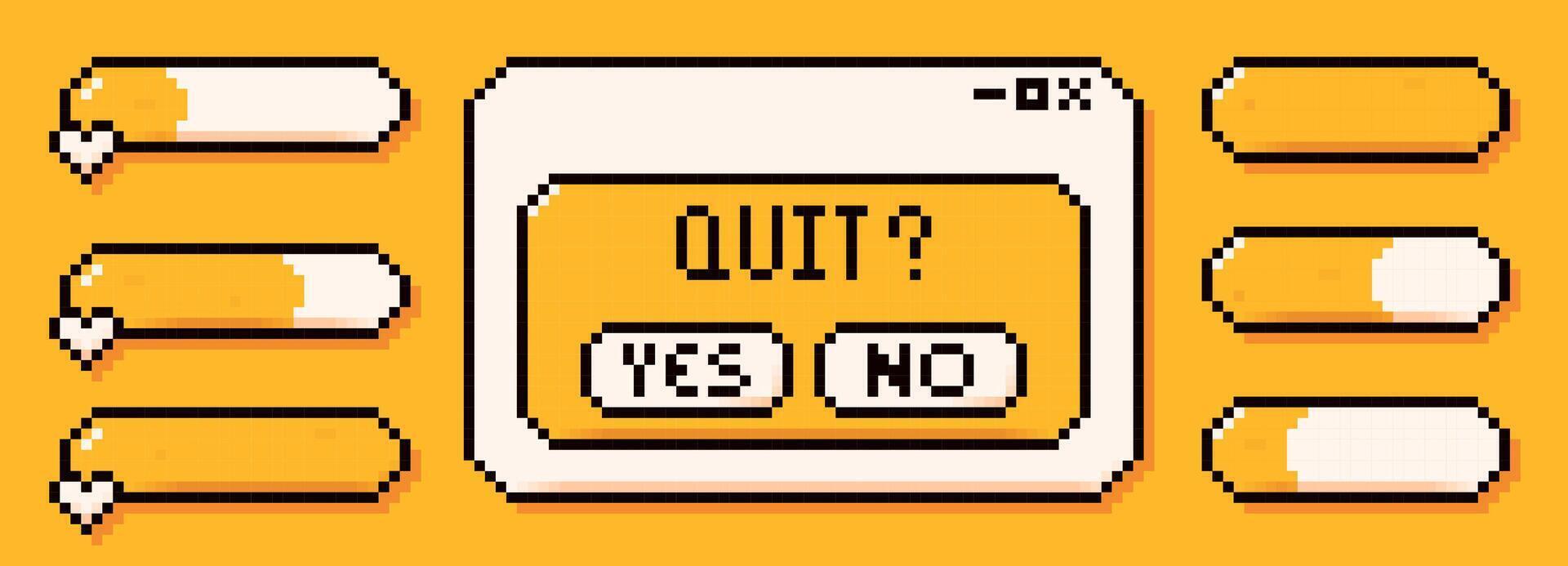A set of energy lives line bars and dialog box drawn in pixel art style on yellow background. vector