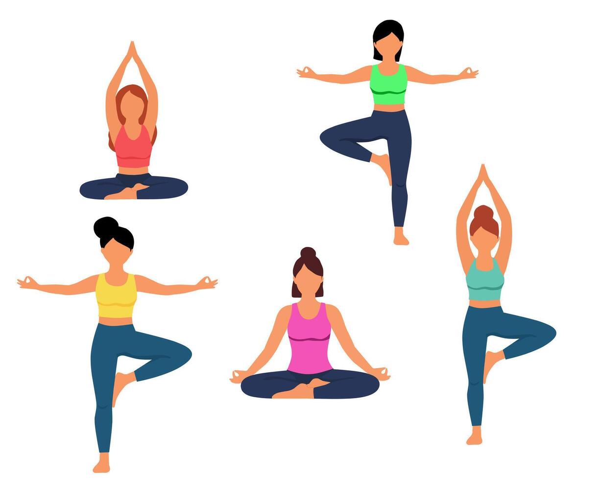 Flat illustration of five women doing yoga in various poses. Healthy lifestyle, meditation, balance, and wellness concept in minimalist style vector