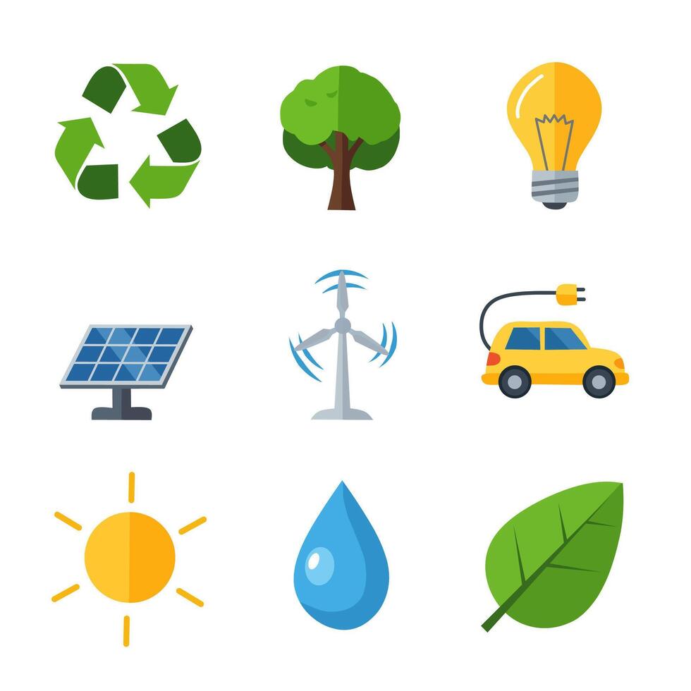 A flat design eco friendly icon set featuring symbols of sustainability recycling, tree, lightbulb, solar panel, wind turbine, electric car, sun, water drop, and leaf vector
