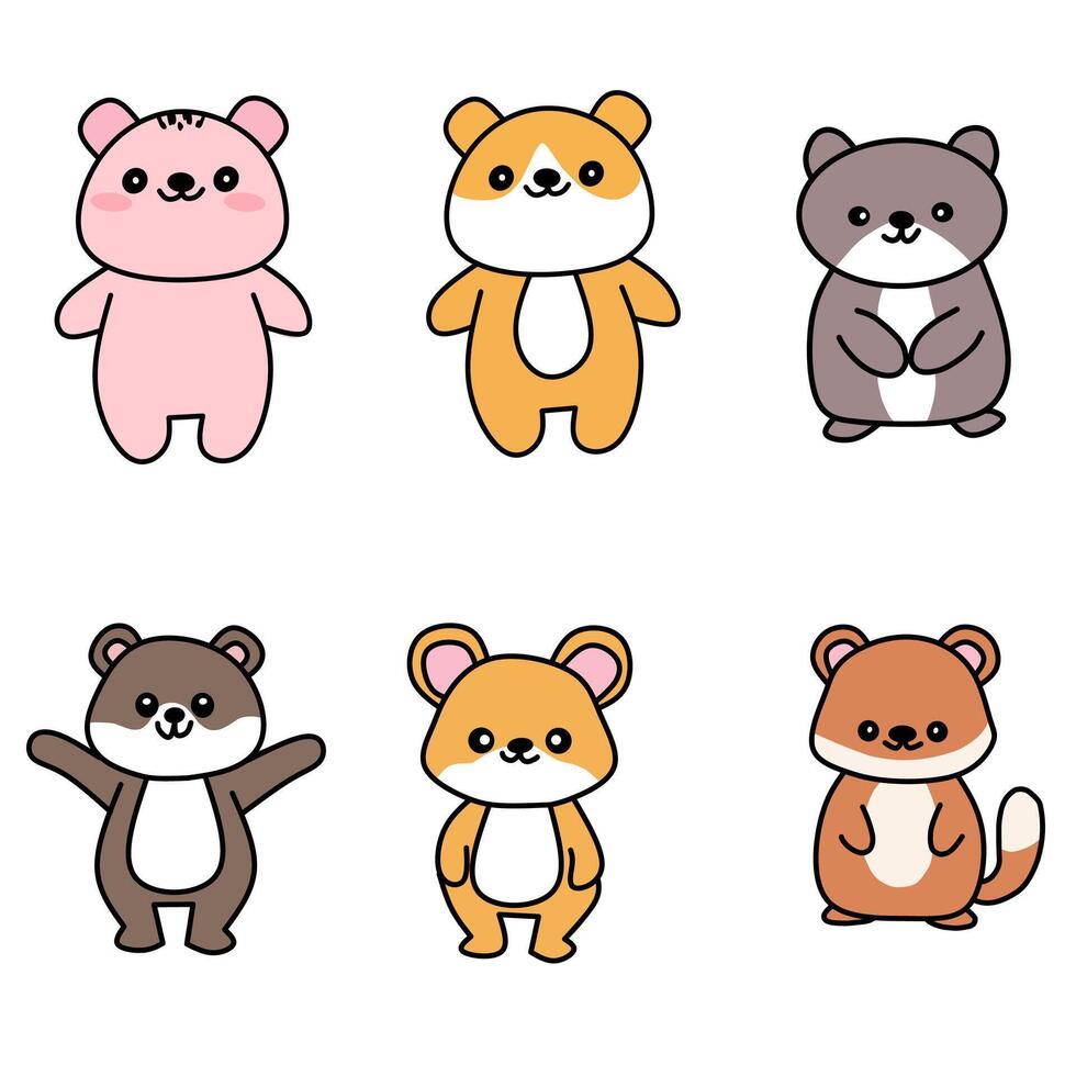 A cute collection of six cartoon animals, including bears, hamsters, and ferrets. Each character is drawn in a kawaii style with round shapes and bright colors vector
