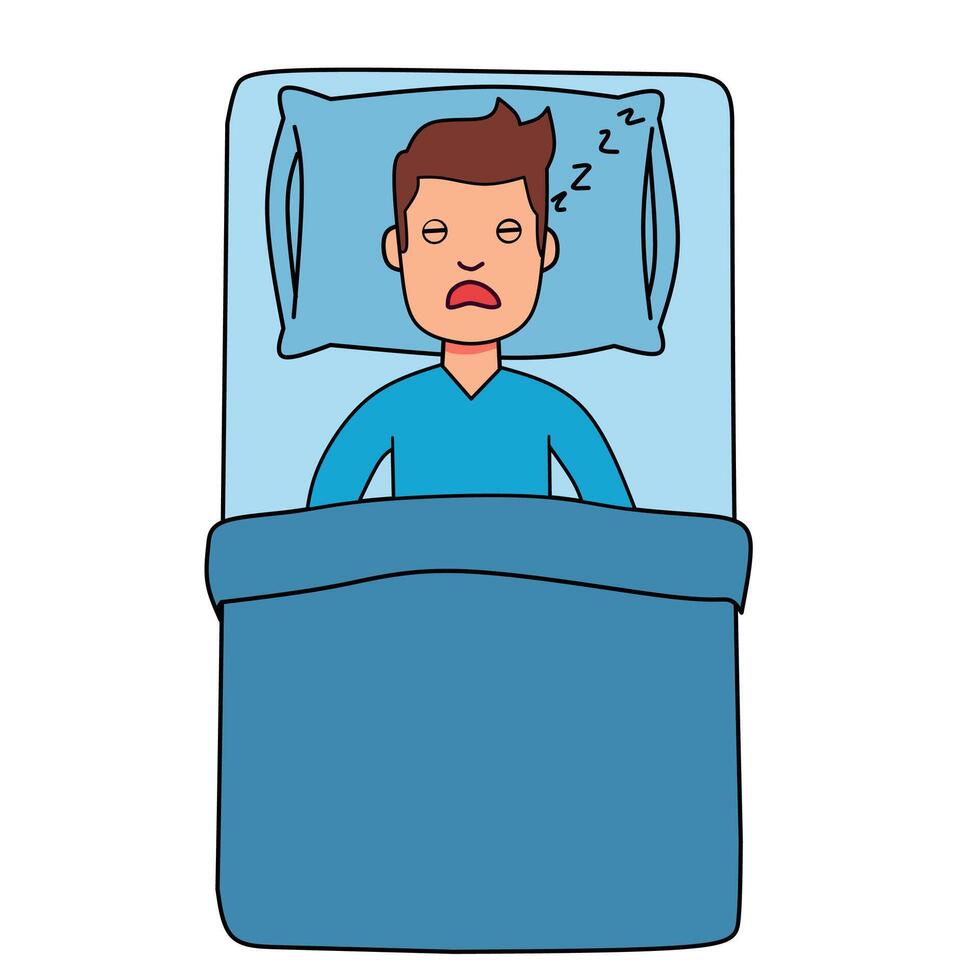 Cartoon man peacefully sleeping in bed with closed eyes. Relaxed expression and sleep symbols. Flat of healthy rest and deep sleep at nigh vector