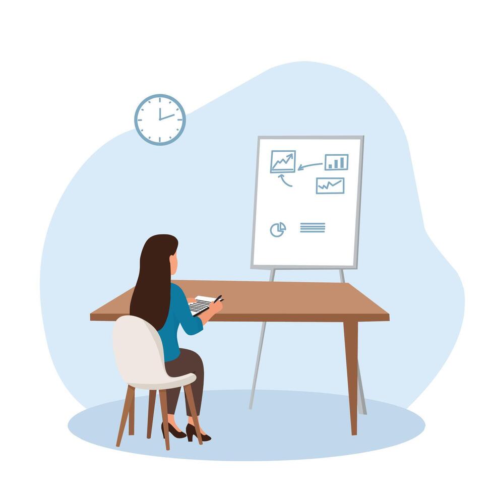 Flat illustration of a woman sitting at a desk and analyzing a chart. Great for topics like remote work, self-study, data analysis, or business planning vector