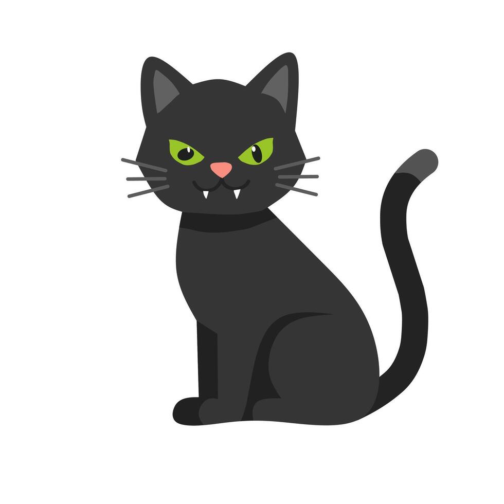 illustration of a black cat with green eyes and sharp teeth. Great for Halloween themes, pet icons, cartoons, or mystical character designs vector