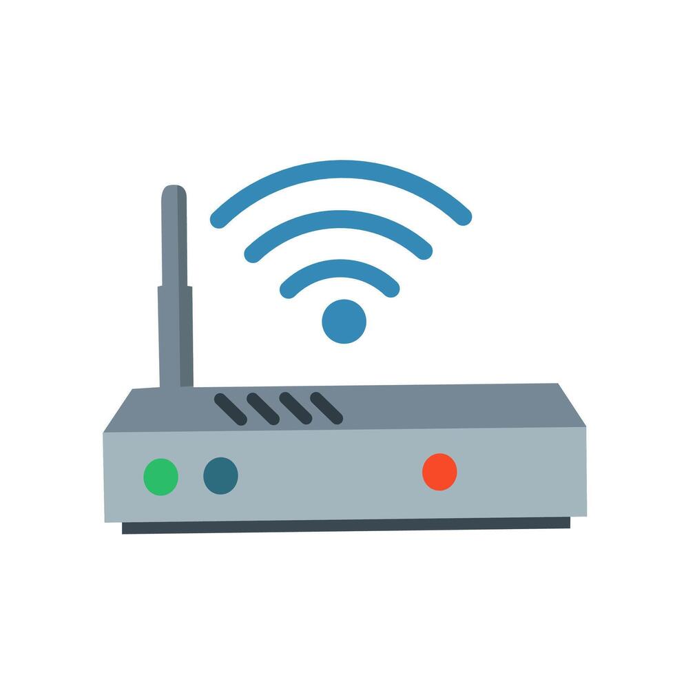 Flat illustration of a wireless router or modem with signal icon. Ideal for technology, internet connection, or network-related content vector