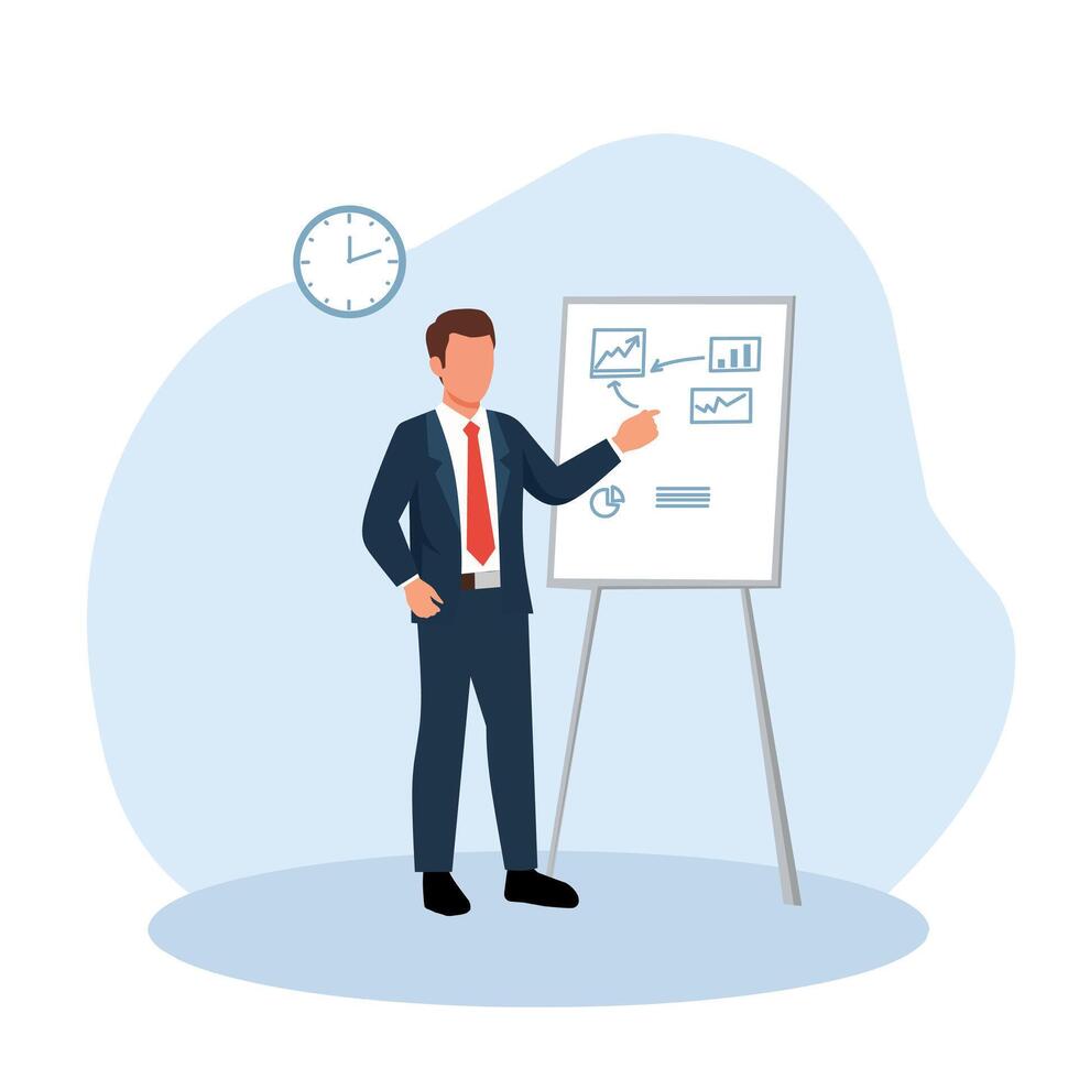 Businessman giving a professional presentation with charts. Ideal for topics like business strategy, finance, project report, data analysis, or corporate training vector