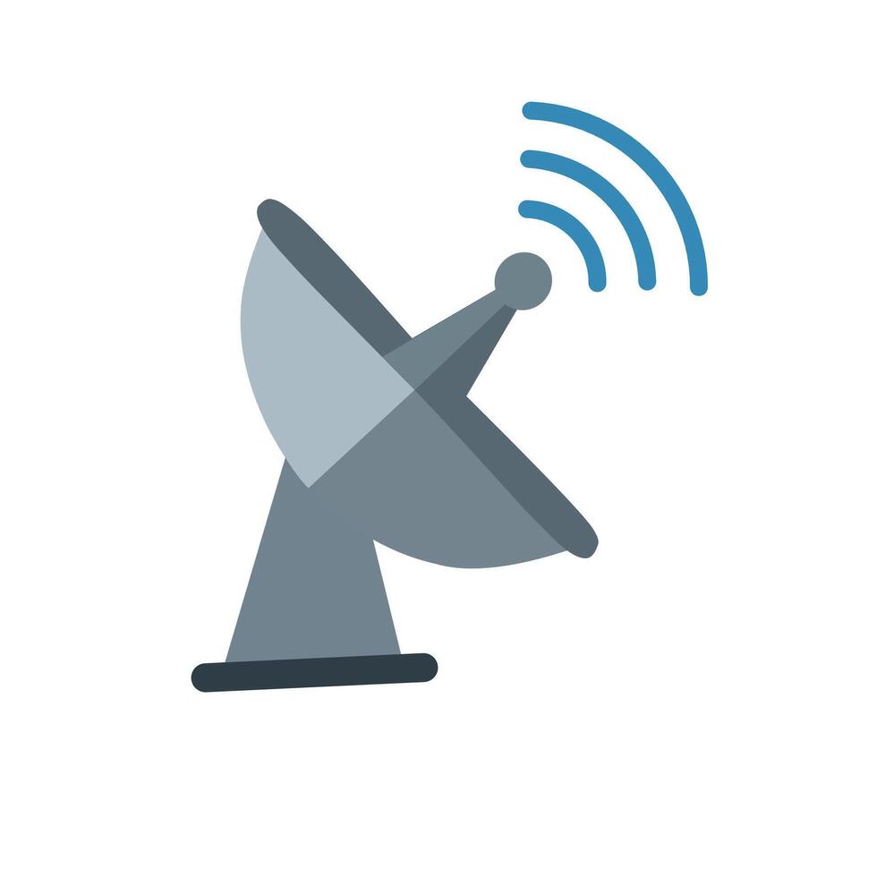 Flat design illustration of a satellite dish transmitter with wireless signal waves. icon representing data transmission, communication, and broadcasting technology vector
