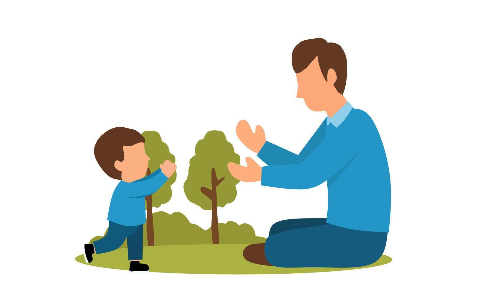 A sweet flat illustration of a father playing with his little son in a park, surrounded by nature. A perfect scene for Fathers Day and parenting themes vector