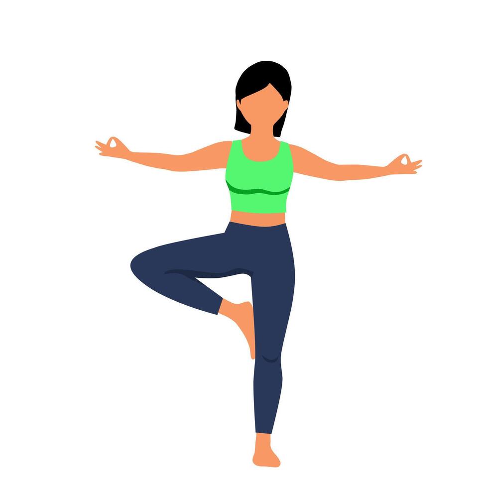 Flat illustration of a woman in standing yoga tree pose with arms outstretched. Great for fitness, wellness, balance, and mindfulness concepts vector