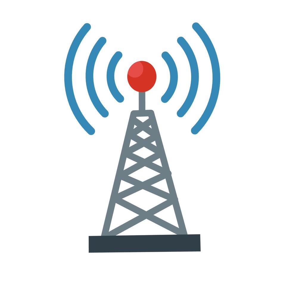 Flat illustration of a signal transmission tower. Best for telecom, wireless communication, broadcast, and connectivity-related projects vector