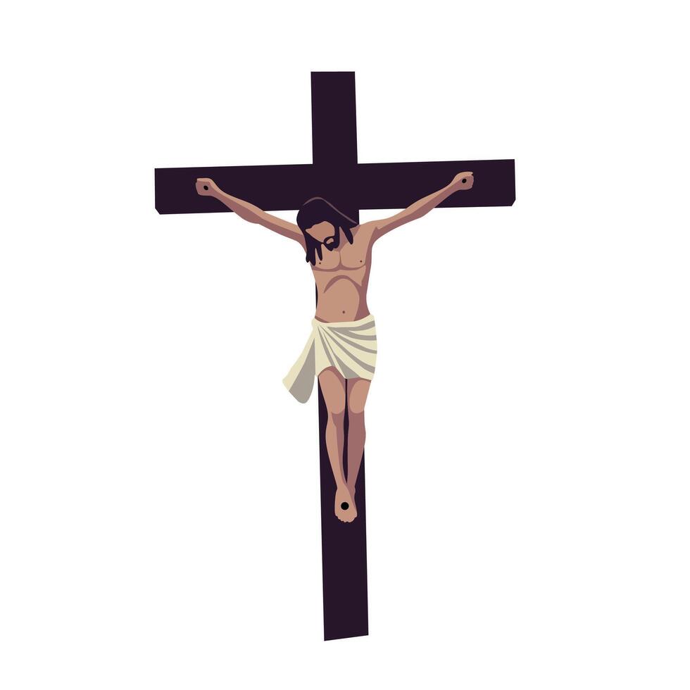 Flat of Jesus crucified on the cross, symbolizing sacrifice, redemption, and Christian faith. Minimalist style with spiritual and religious meaning vector