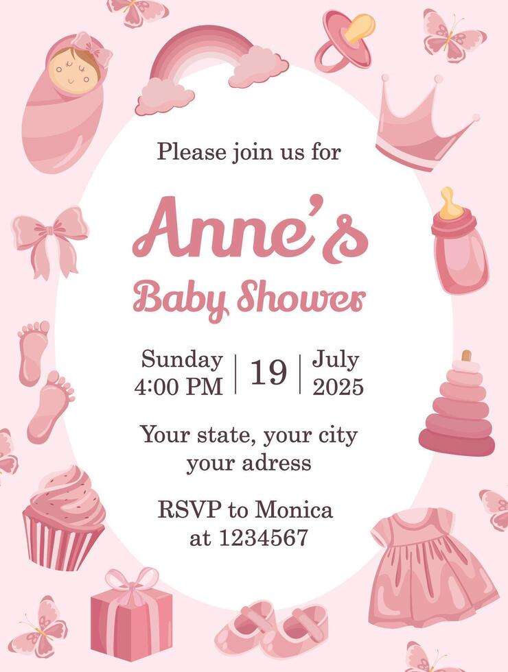 Cute baby shower invitation card Pink kids elements Its a girl vector