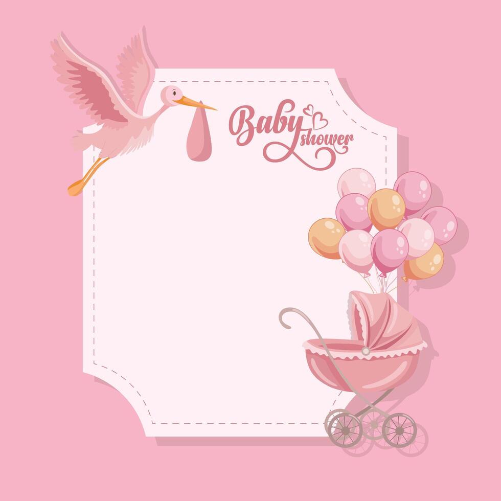 Pink baby shower greetinf card with cute stroller and stork delivers baby vector
