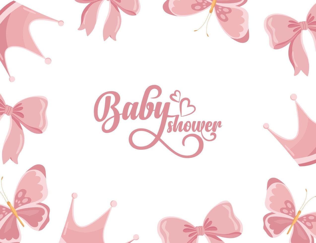 Baby shower pink cute background with girly bows crown and butterfly vector