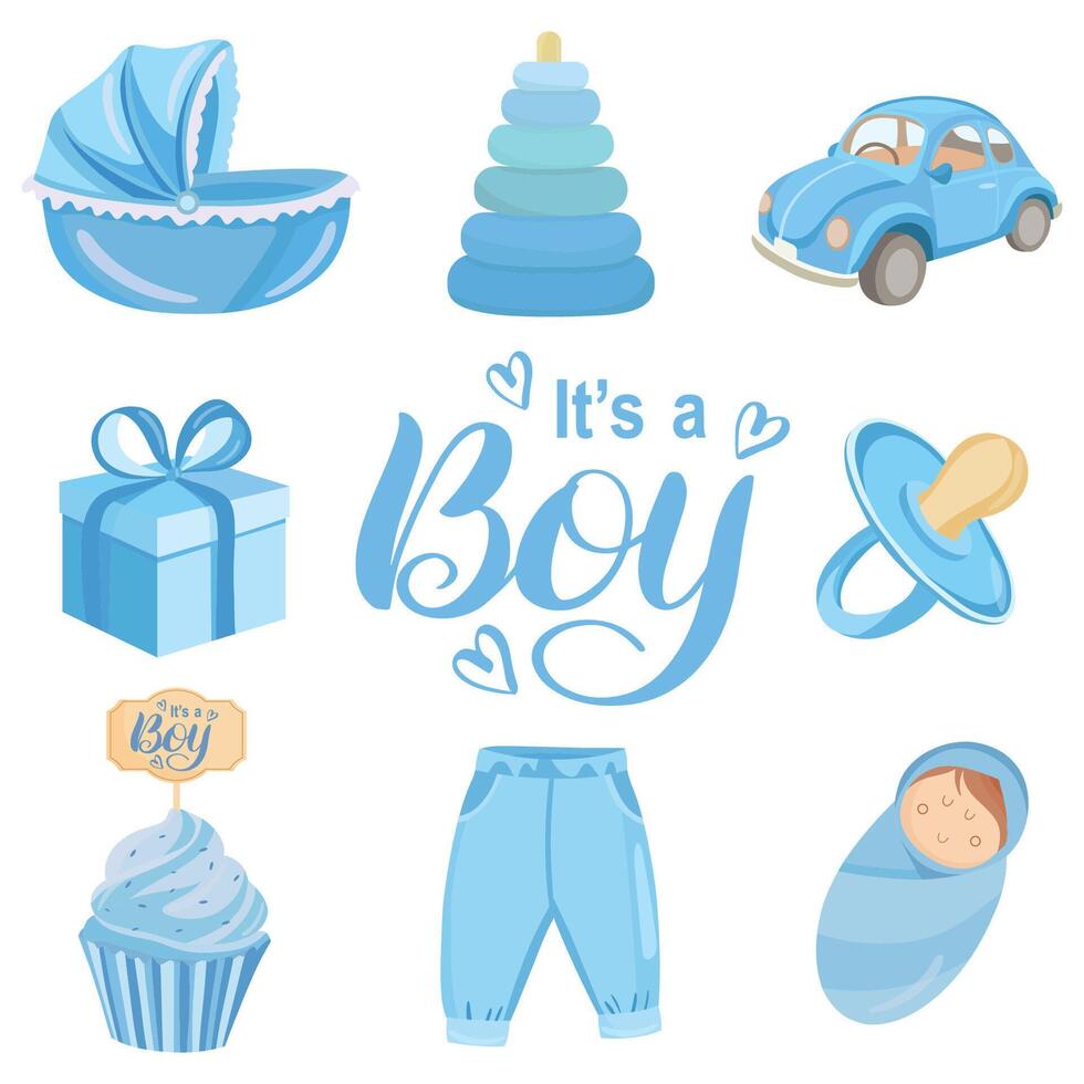 Its a boy cute blue elements New born illustrations for baby shower vector