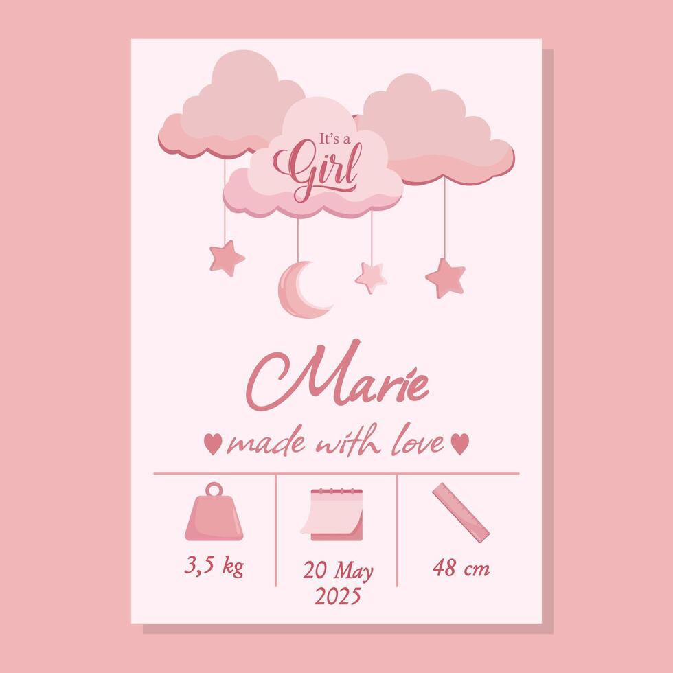 Pink baby birth poster details Baby announcement Its girl vector