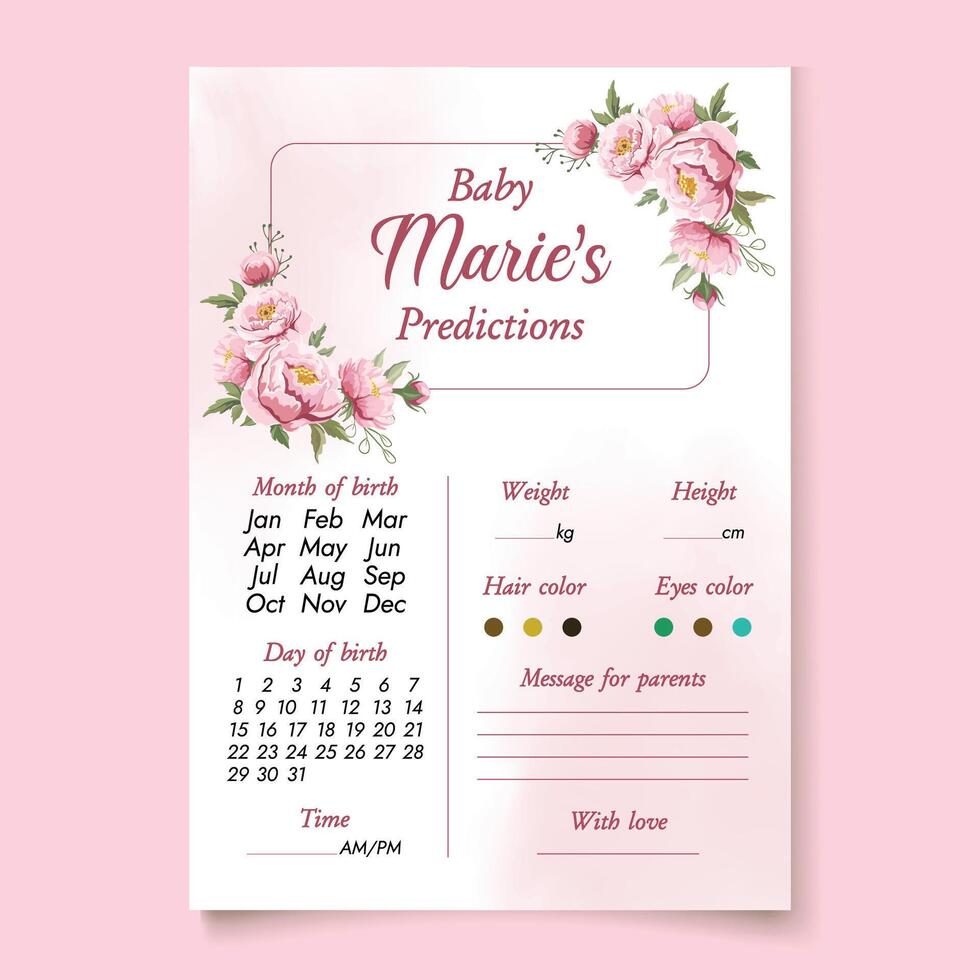 Baby prediction template Baby shower pink invitation Its a girl Floral design vector