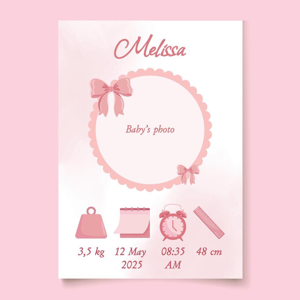 Pink cute baby birth details poster with bows Baby announcement card Its a girl vector