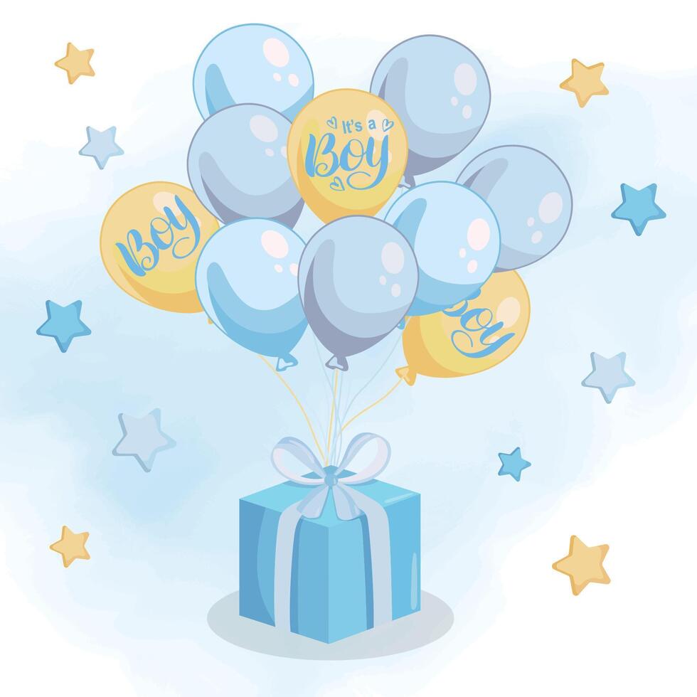 Its a girl greetin card Baby announcement with balloons stack presents and cute stars vector