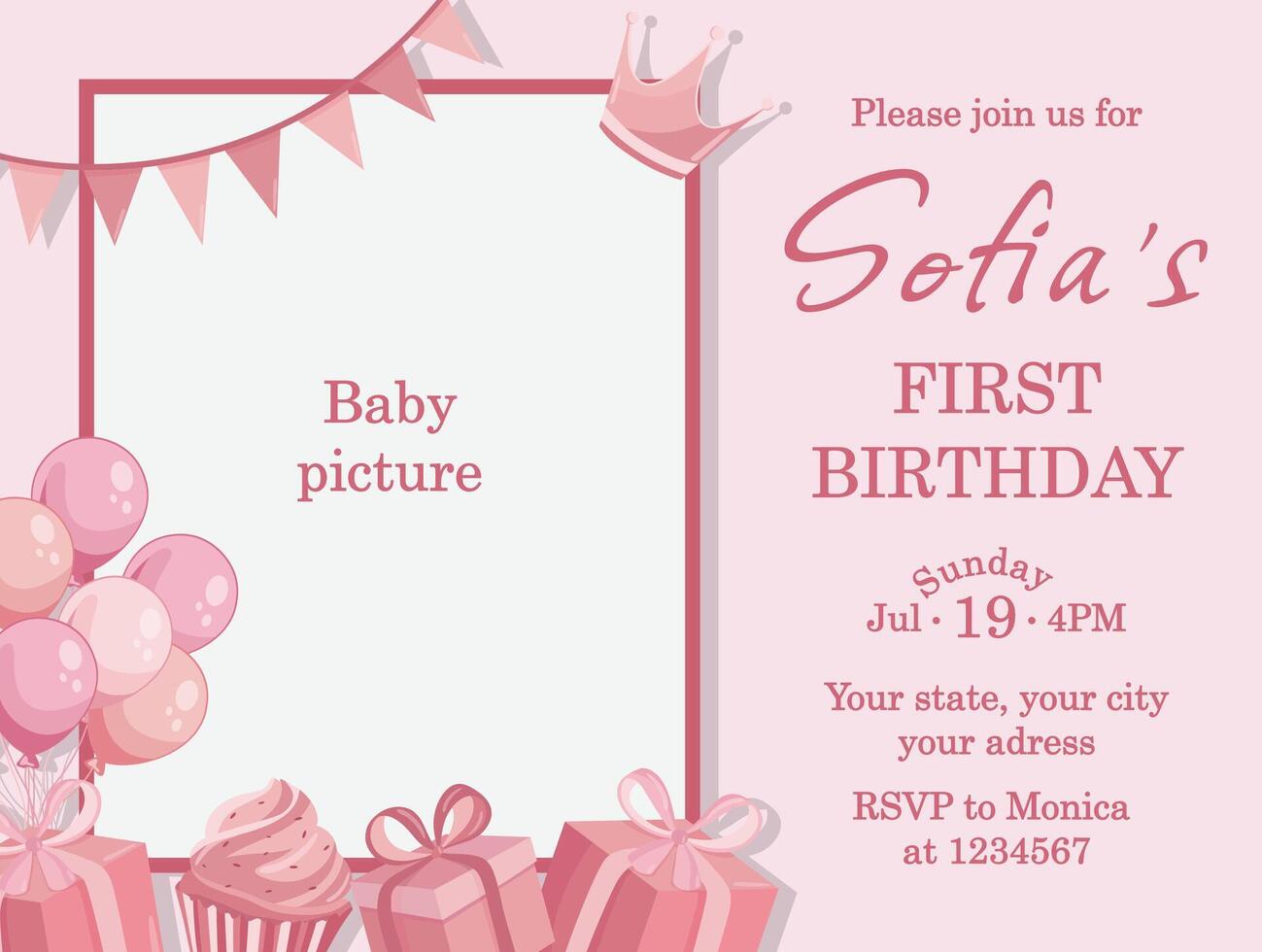 Happy first birthday invitation template with photo Girl pink card vector