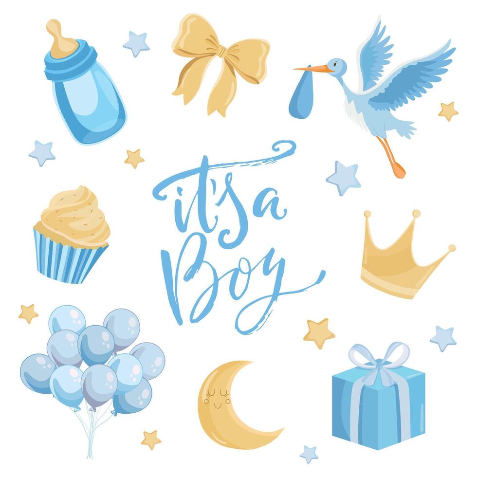 Its a boy cute blue and yellow baby elements Stork pacifier bow balloons flat illustrations vector