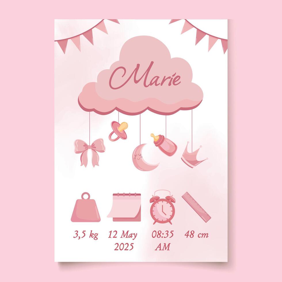 Pink baby birth details poster Baby announcement card Its a girl vector