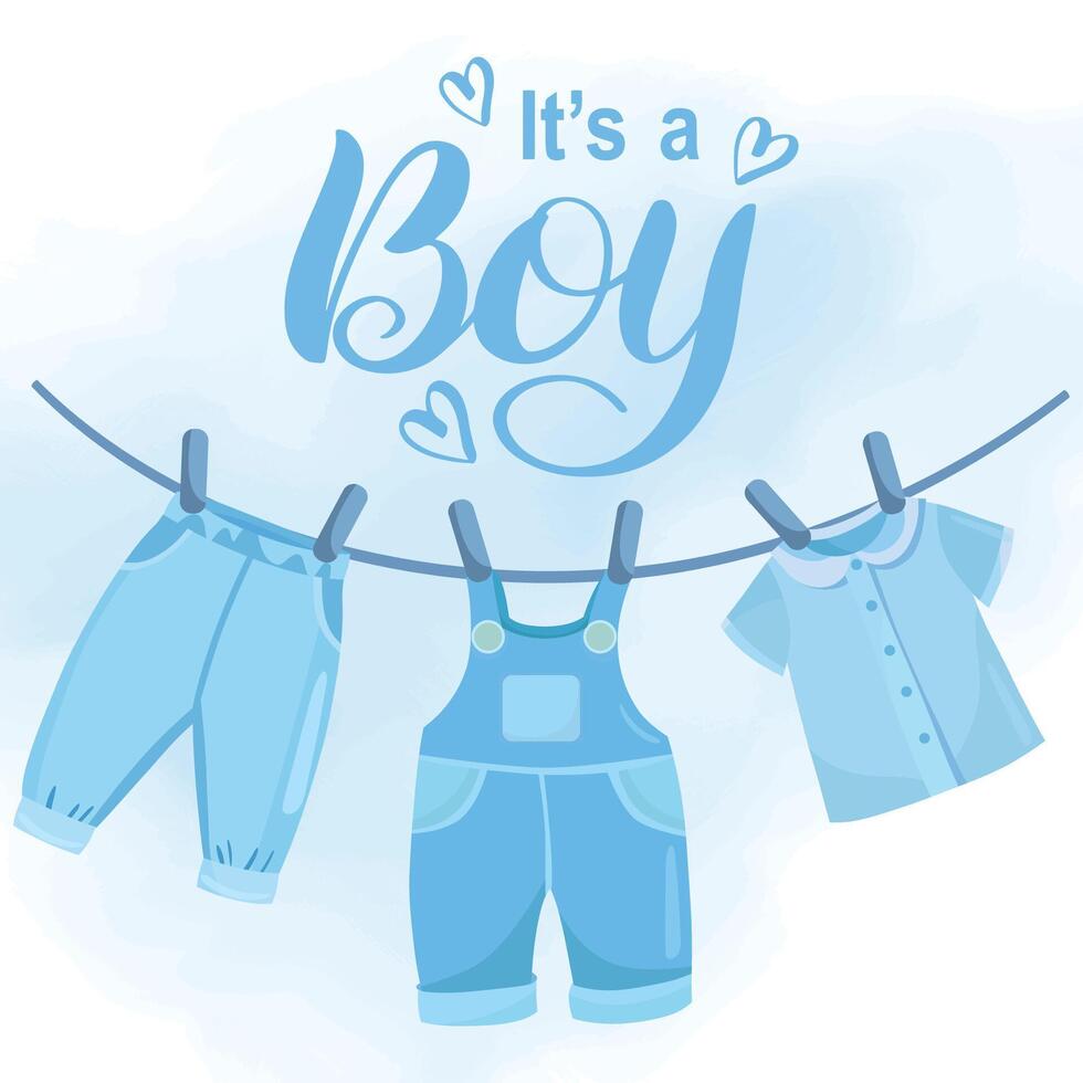 Its a boy Blue greeting card baby announcement New born clothes vector