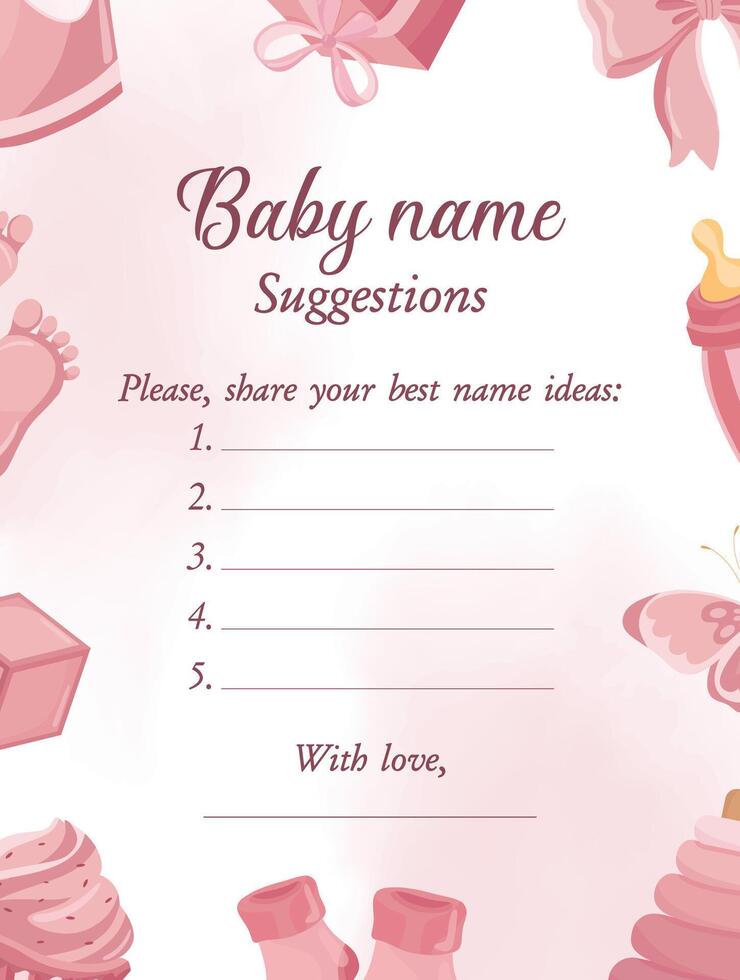 Baby name suggestions for girl template Pink cute illustrations in background vector