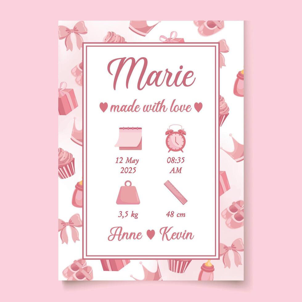 Cute pink baby announcement card template New born girl birth details vector