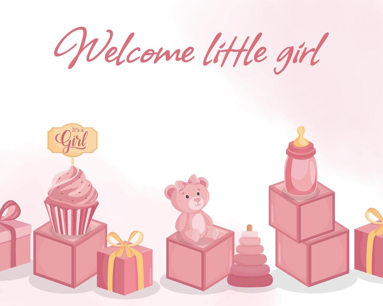 Welcome little girl pink greeting card for baby shower with cute flat illustrations vector