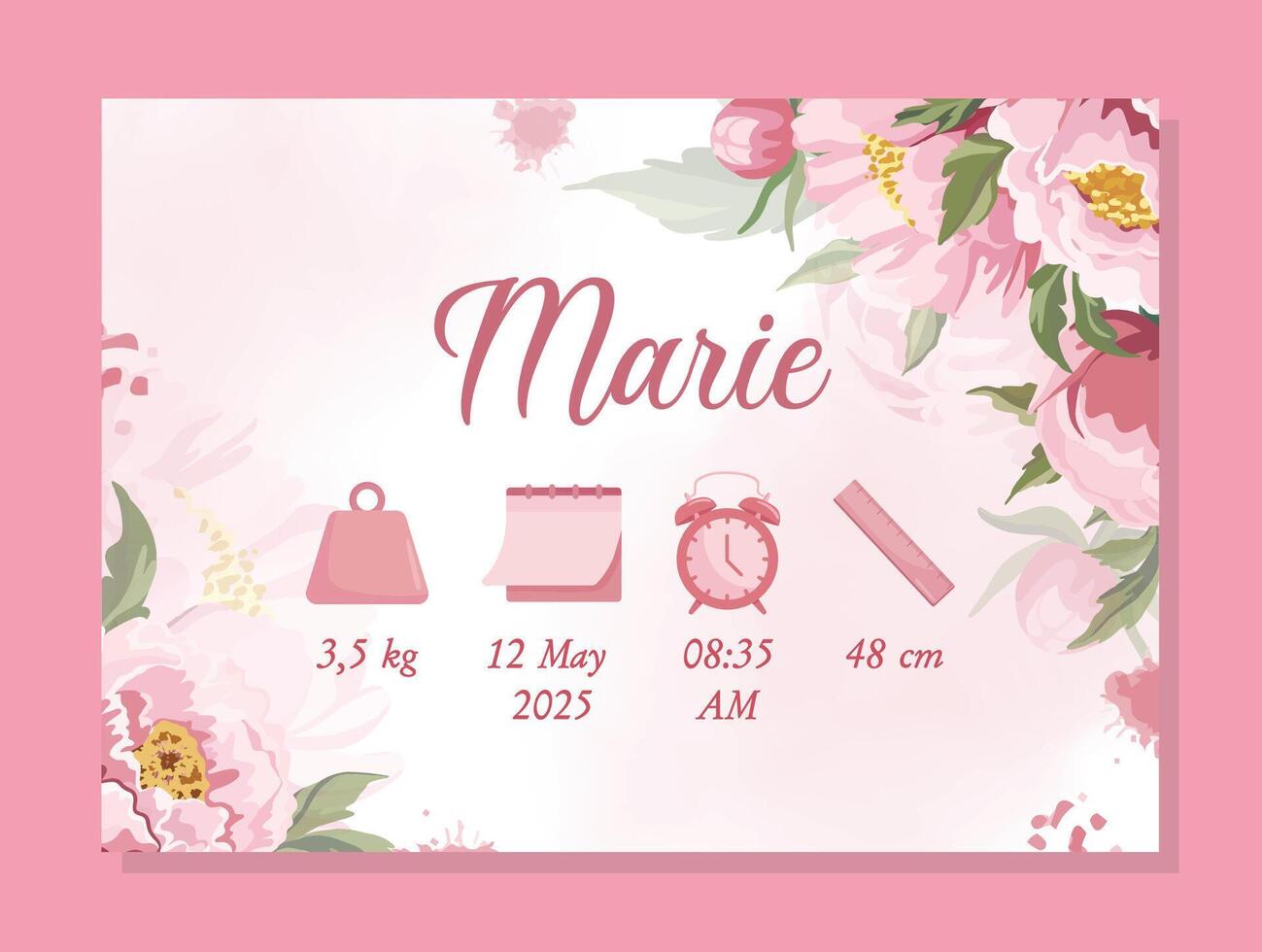 Baby birth detail horizontally poster Pink announcement card Its a girl vector