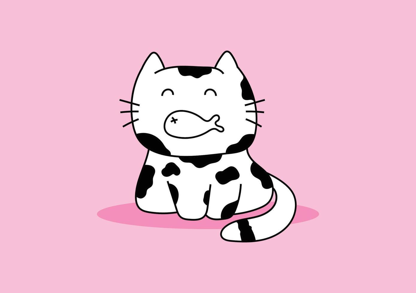 A cute black and white doodle cat sitting with fish in mouth on a pink background. vector