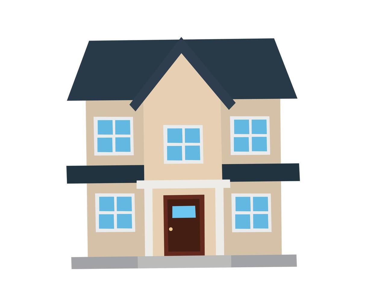 Flat style of a beige colored house with blue roof, front entrance, and four-pane windows vector