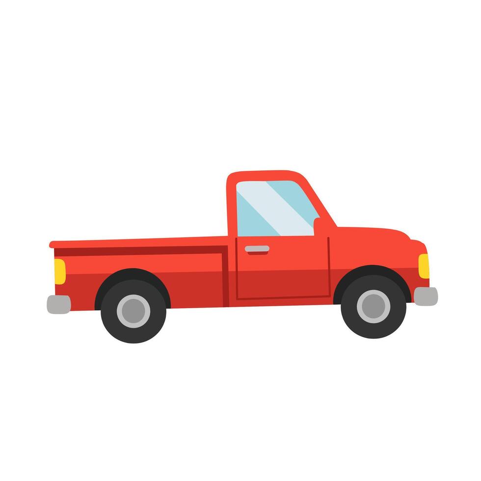 Red pickup truck illustration in side view. Simple and classic utility vehicle design vector
