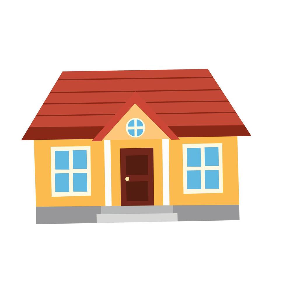 Colorful illustration of a small yellow house with a red roof, front steps, and blue windows. Perfect for real estate, housing ads, or urban development themes vector