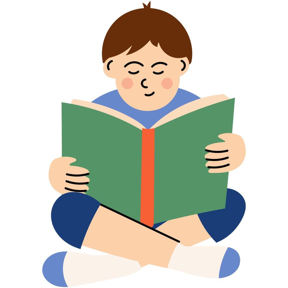 Child reading book while sitting cross-legged. Young boy sitting cross-legged and reading a large book, symbolizing education, learning, and concentration. vector