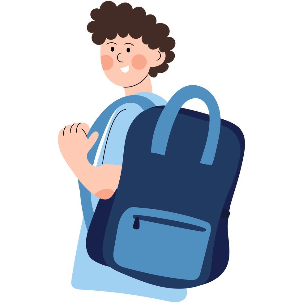 Smiling boy with school backpack. Cheerful boy carrying a large dark blue backpack, ideal for back-to-school or education content. vector
