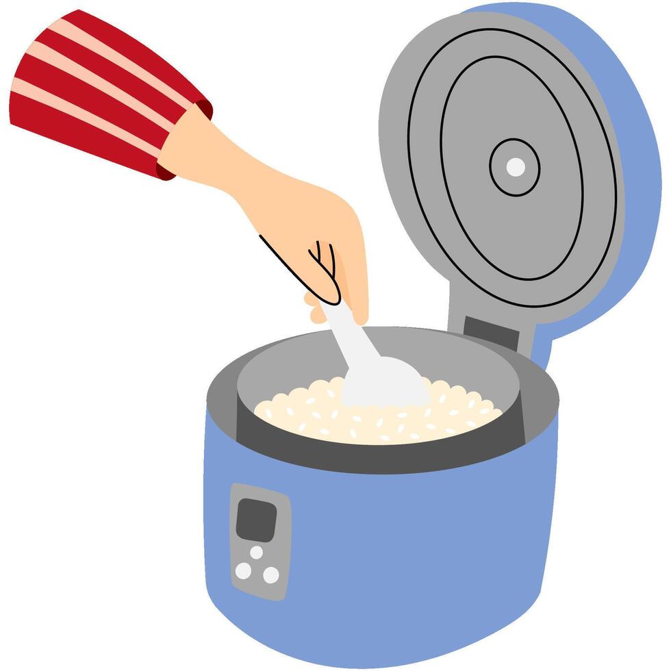 Hand stirring rice in electric rice cooker. Person using a spoon to stir freshly cooked rice in a modern electric rice cooker with an open lid. vector