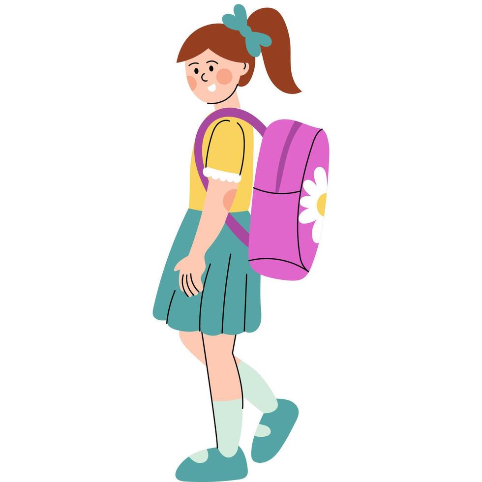 Schoolgirl walking with pink backpack. Happy schoolgirl walking with a pink flower backpack, perfect for education or back to school themes. vector