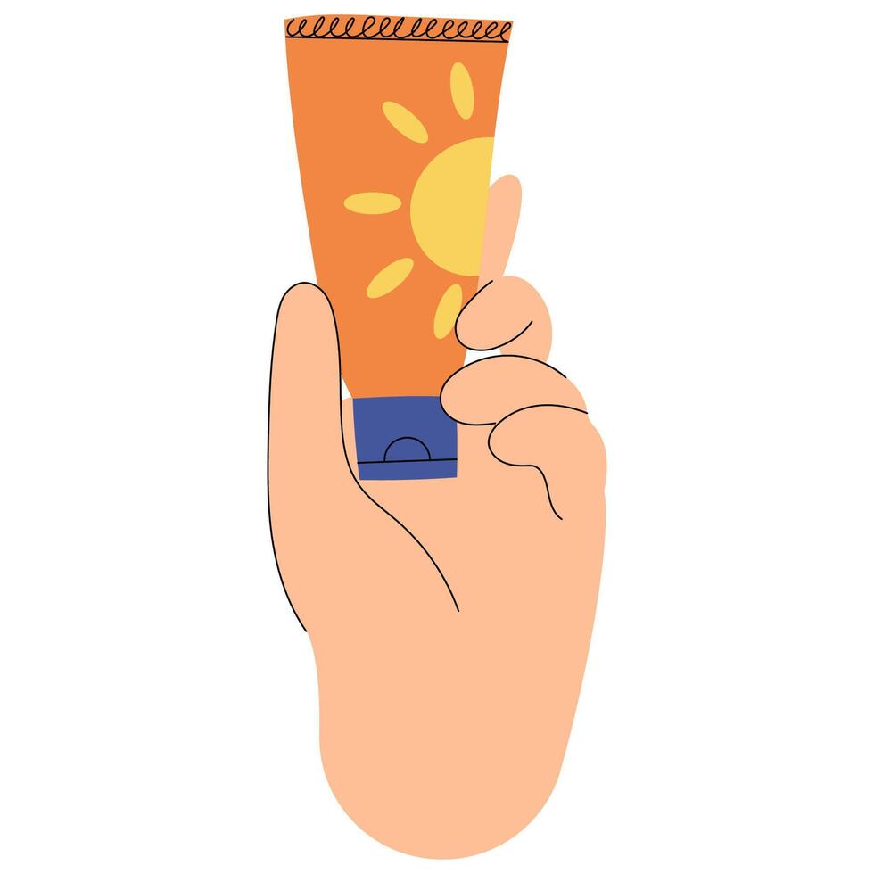 Hand holding sunscreen SPF cream. Skin protection from harmful sun rays, UV protection concept. Summer skincare vector