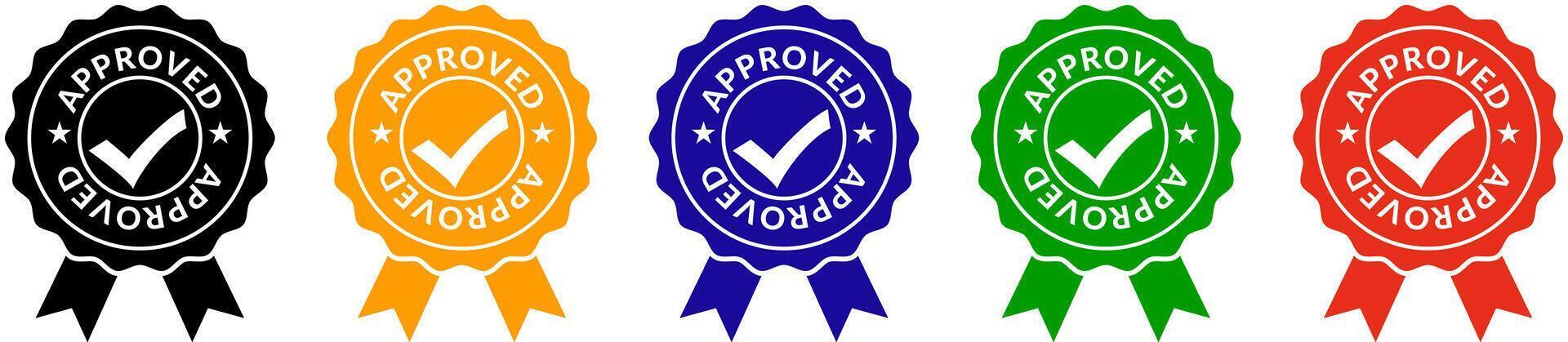 Colorful Approved Badges with Checkmarks and Ribbons Enhance Trust and Credibility. Suitable for apps and website UI designs vector