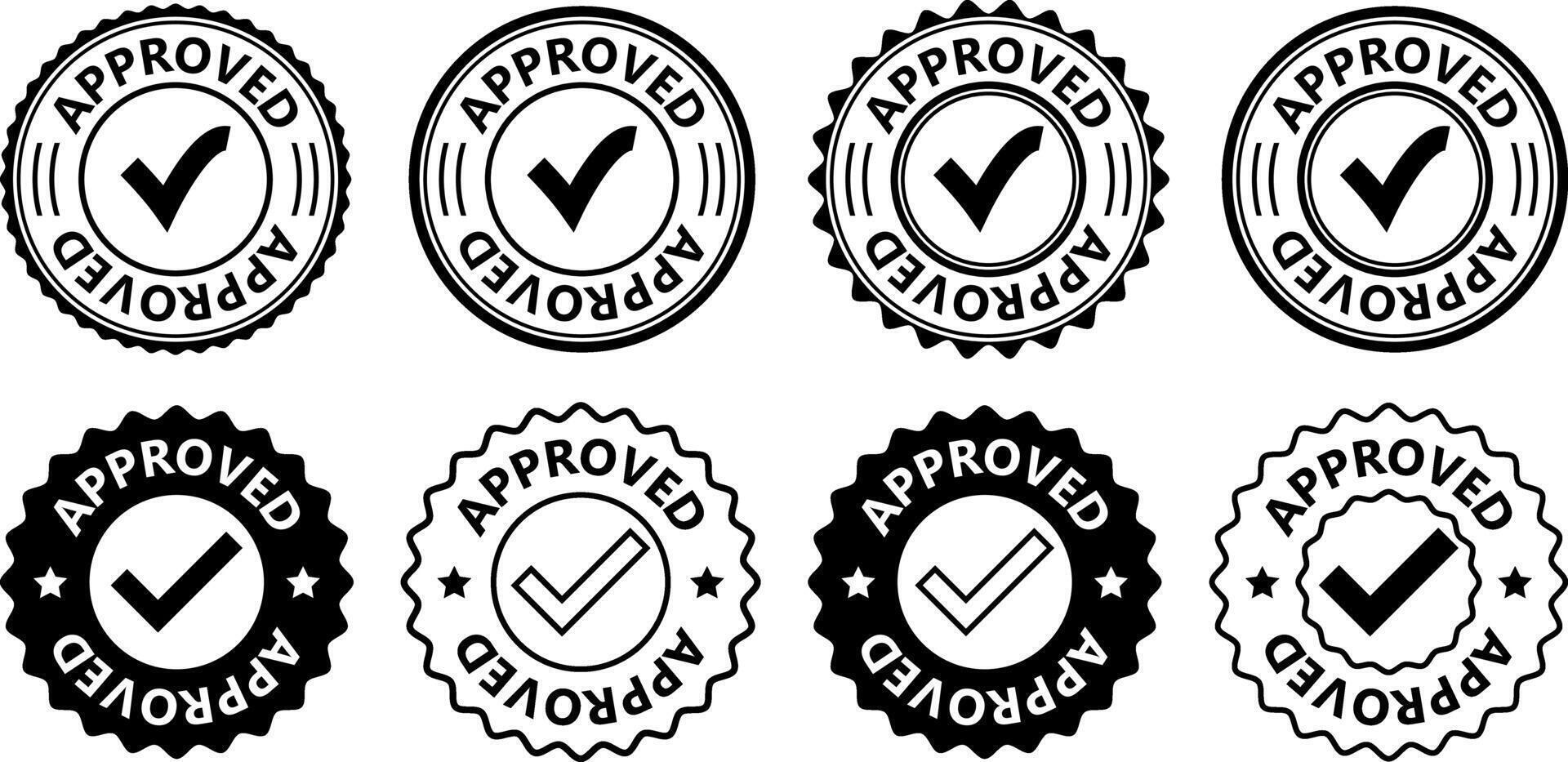 Collection of black and white approved checkmark rubber stamp icons in various badge shapes including circular and scalloped styles perfect for quality certification branding vector
