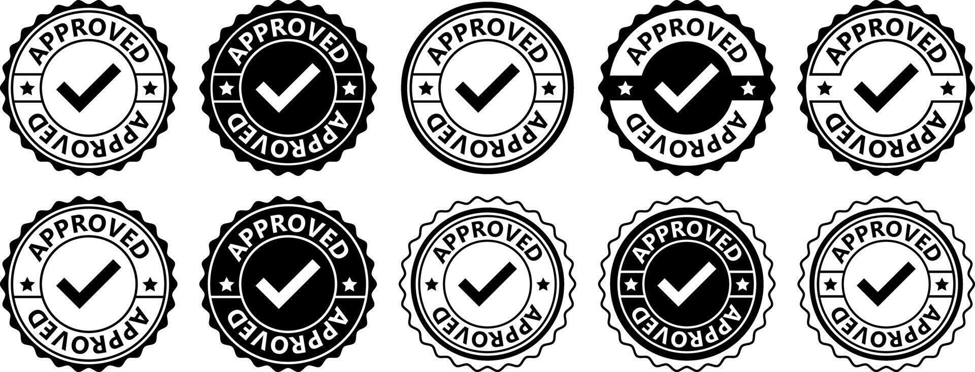 Collection of circular APPROVED rubber stamp icons with check marks, black and white quality seal badges vector