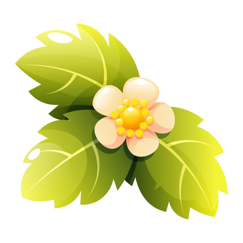 A stylized strawberry flower with white petals and green leaves. Bright, juicy, and cute illustration. Perfect for design, stickers, or prints. vector