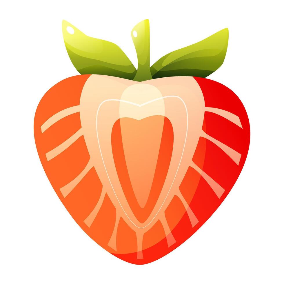 A juicy strawberry in cross-section, stylized as a cartoon illustration. A red berry with green leaves, resembling a heart. A fresh and appetizing fruit for healthy eating. vector