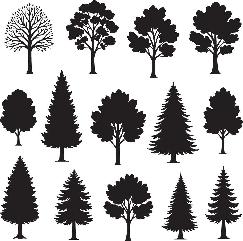 Architectural Tree Icons Silhouette Trees Including Palm, Conifer, and Broadleaf for CAD and Design Projects vector