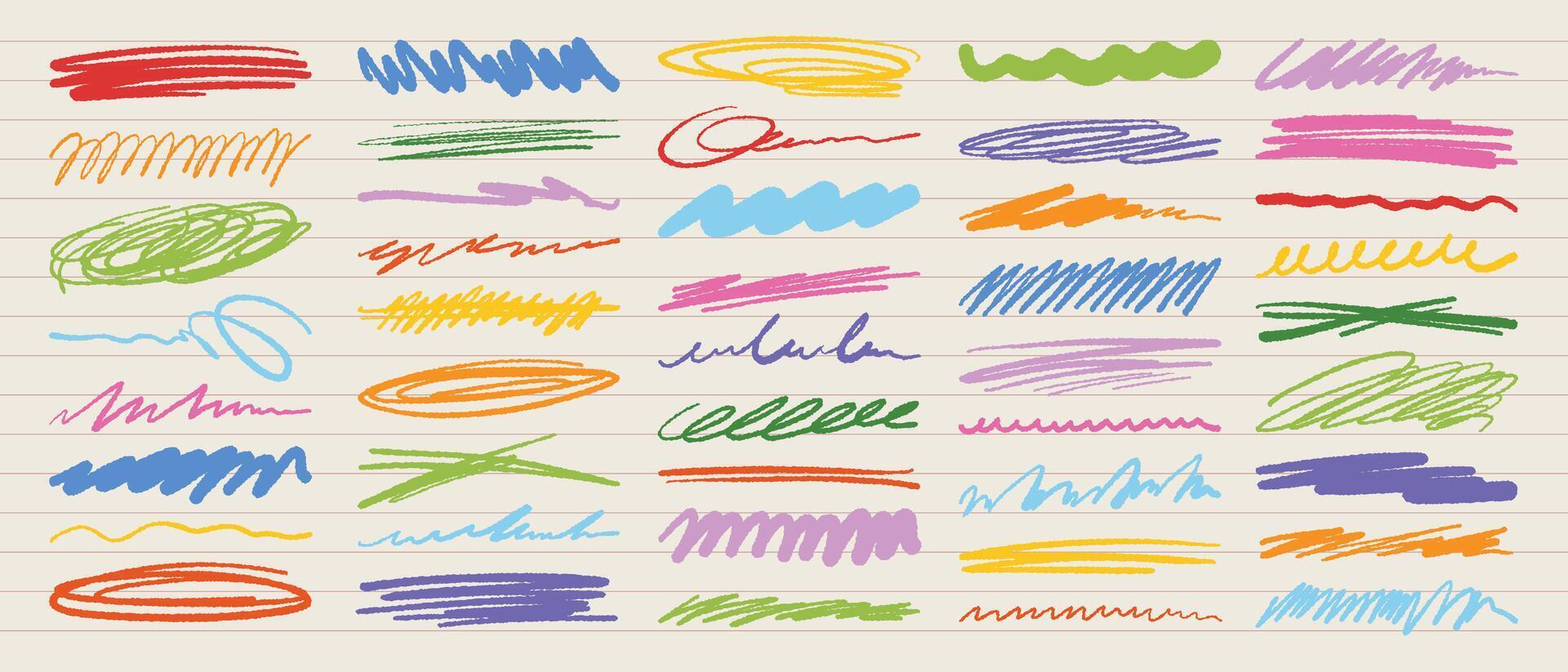 Colorful crayon underlines and scribbles on grid paper background. Hand-drawn squiggles for creative highlights, notes, and design accents vector