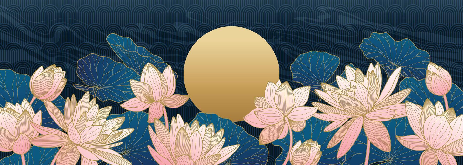 Asian background with pink flowers, blue water lilies, pattern, waves and moon. Luxury poster vector