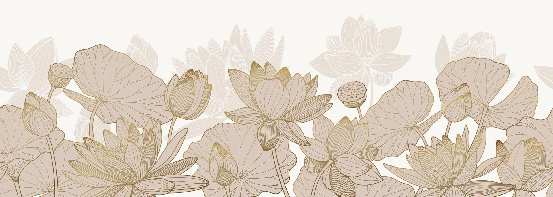Asian seamless border with lotuses and water lilies on white background. line art, luxury poster. vector