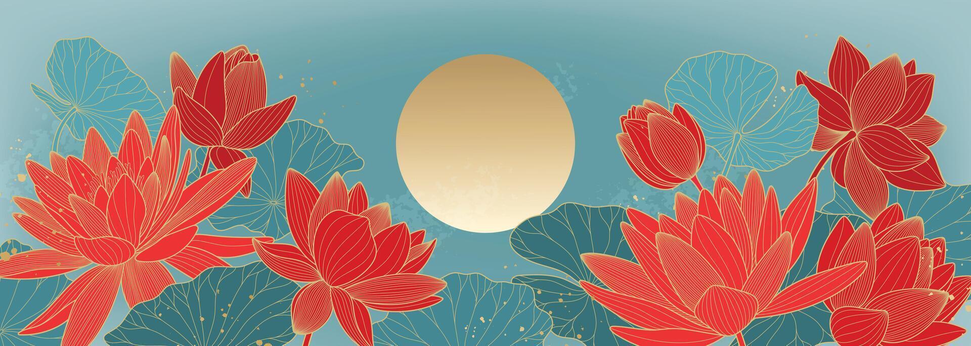 Luxury background with red flowers, blue water lilies and moon. Asian poster vector