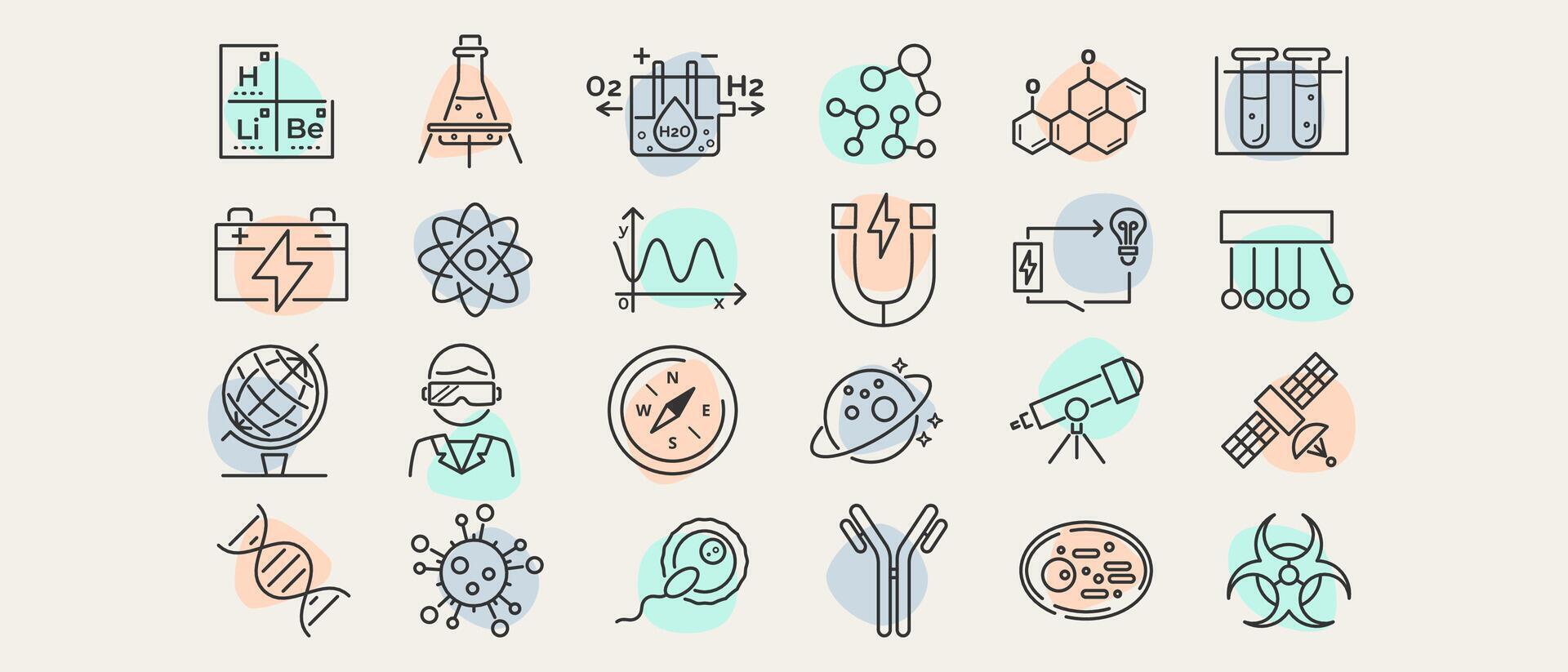 Collection of science icons in outline style. Includes research, lab tools, biology, and astronomy symbols. set with editable strokes for educational projects. vector